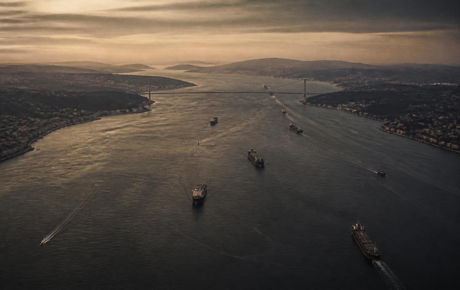 Aerial view of shipping traffic through the Bosphorus at dusk